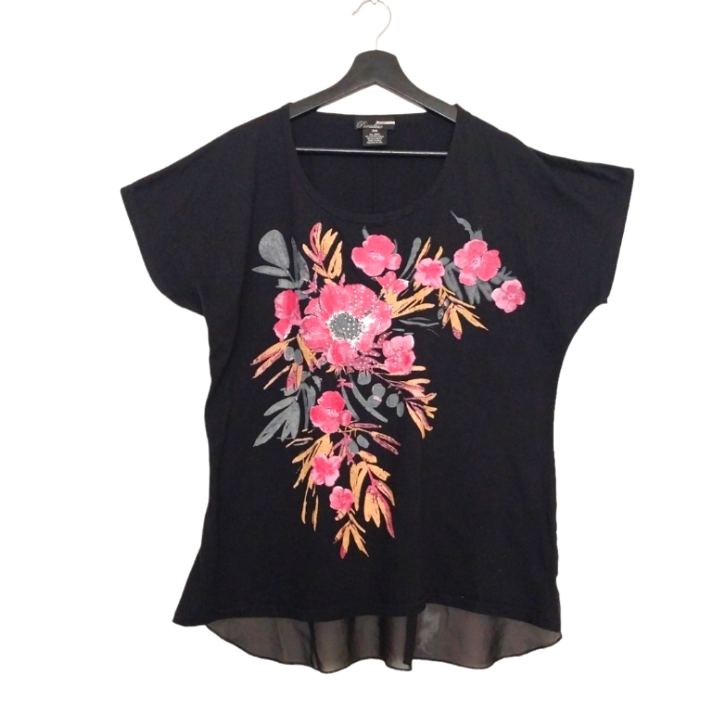 Paradisio Plus Size Floral print Shortsleeve Top Blouse in Black